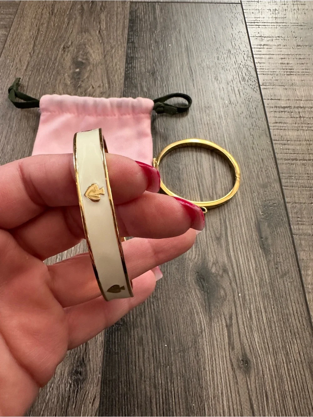 Kate Spade White & Gold Bangle Set of 2 - Hinged Bow And Ivory Enamel Spade Logo